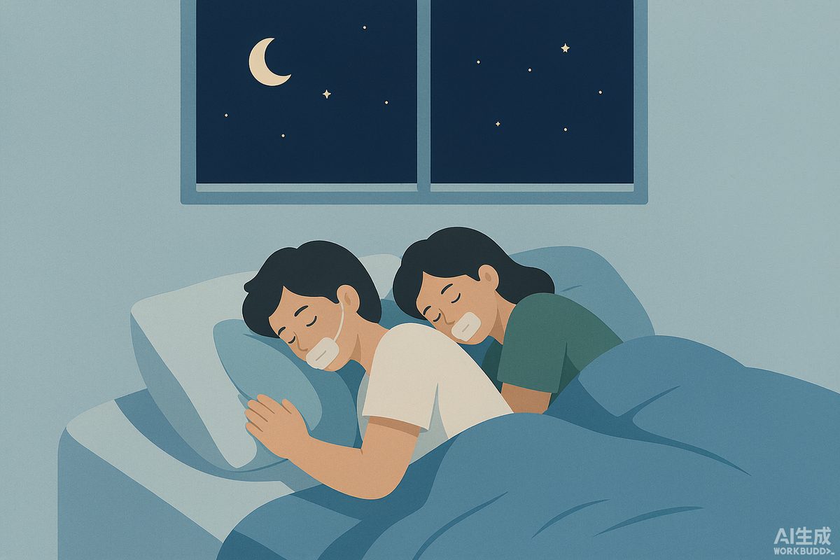 Illustration of a partner sleeping peacefully while one person uses a small skin-safe mouth strip to reduce mouth-open snoring through nasal breathing